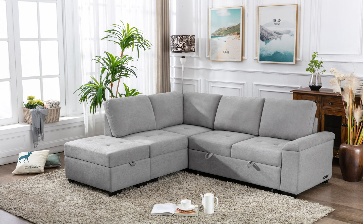 Sleeper Sectional Sofa, L-Shape Corner Couch Sofa-Bed With Storage & USB Charge