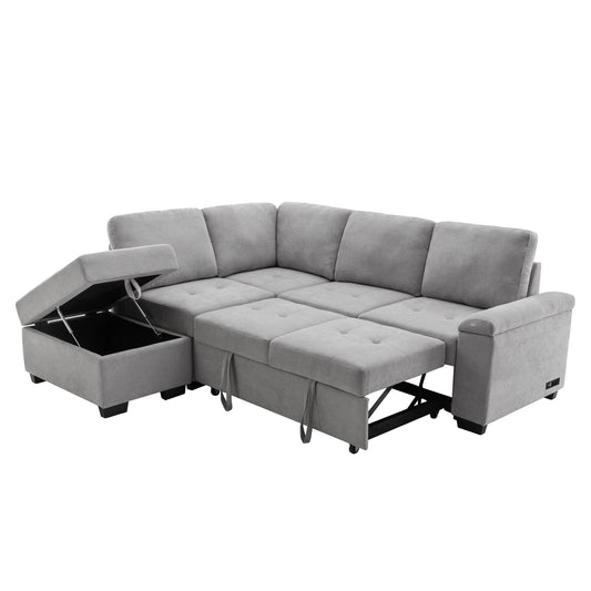 Sleeper Sectional Sofa, L-Shape Corner Couch Sofa-Bed With Storage & USB Charge