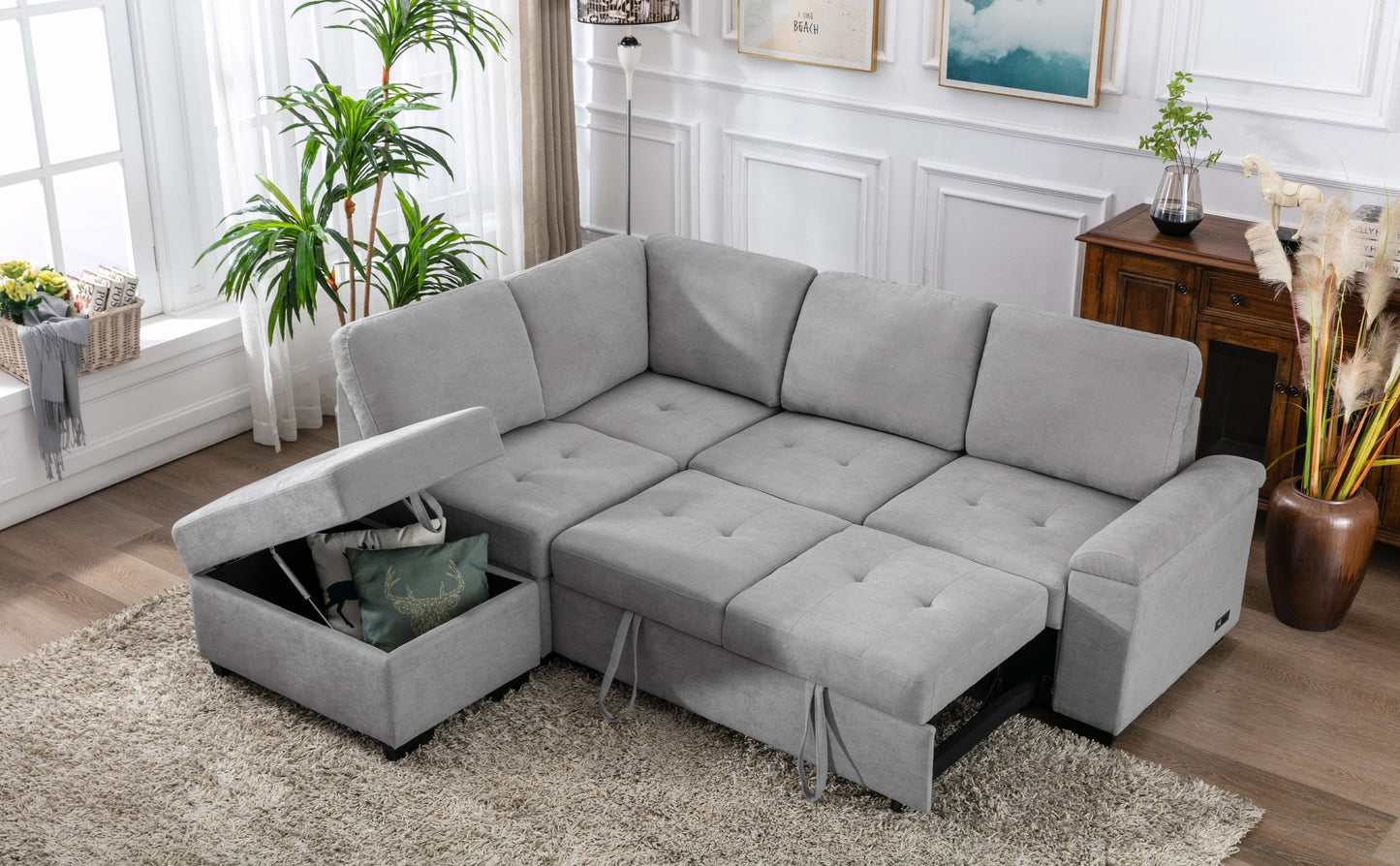 Sleeper Sectional Sofa, L-Shape Corner Couch Sofa-Bed With Storage & USB Charge